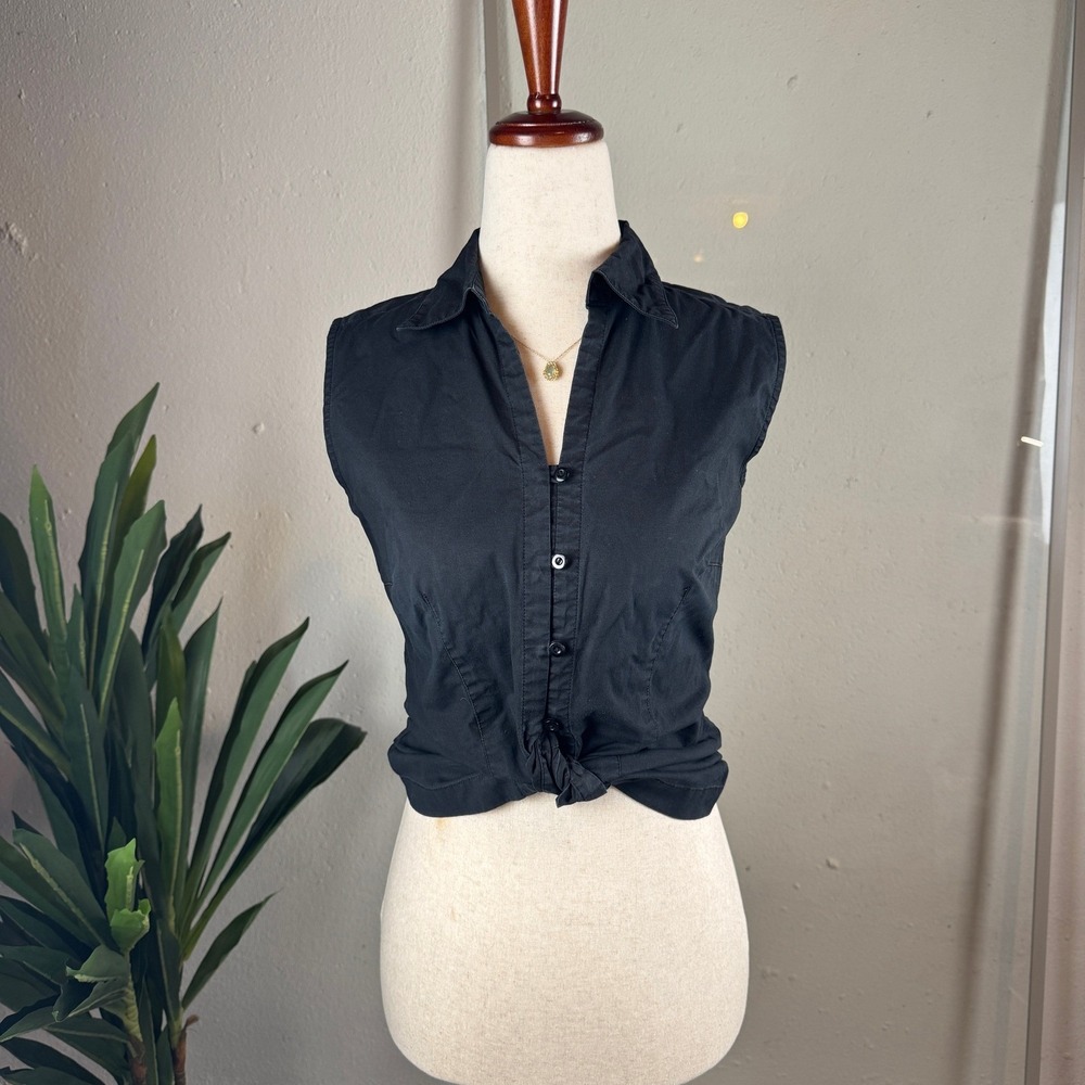Ann Taylor Loft Top Women 4 Black Sleeveless Button Down Stretch Preppy Minimal